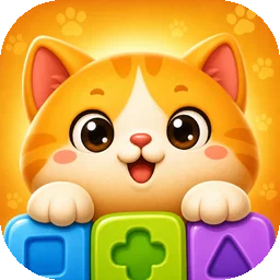 Neko Cat Jam app icon: an orange cat resting its paws on coloured blocks